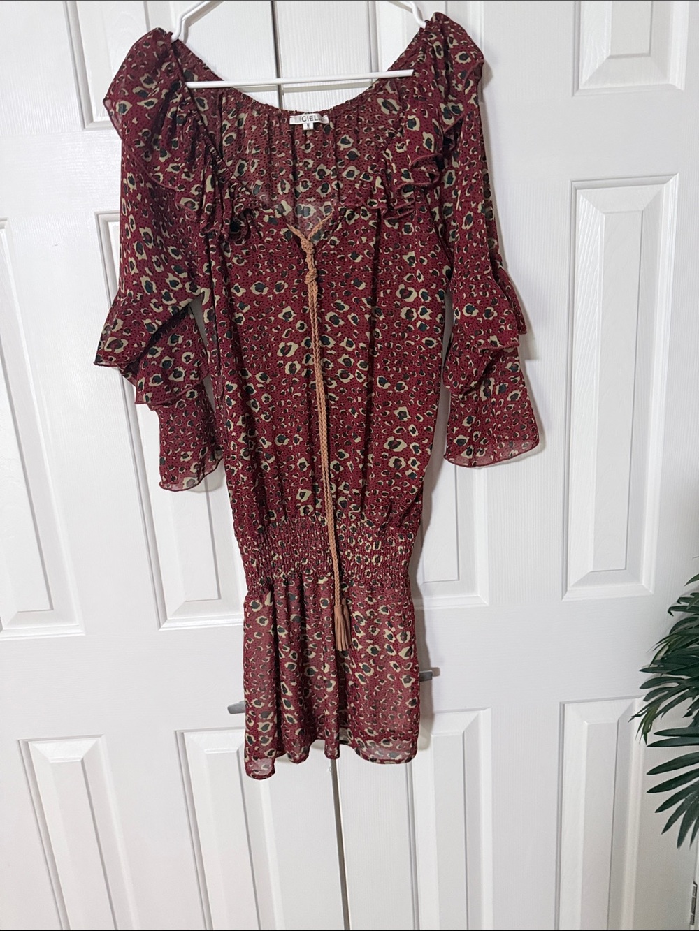 Boho Off-Shoulder Mini Dress in Burgundy Leopard Print